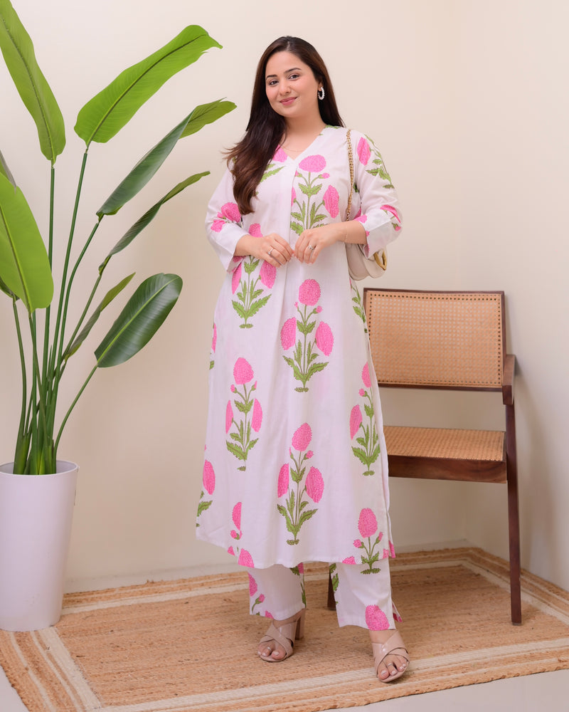 Pink Lush Bloom Cotton A Line Kurta Set