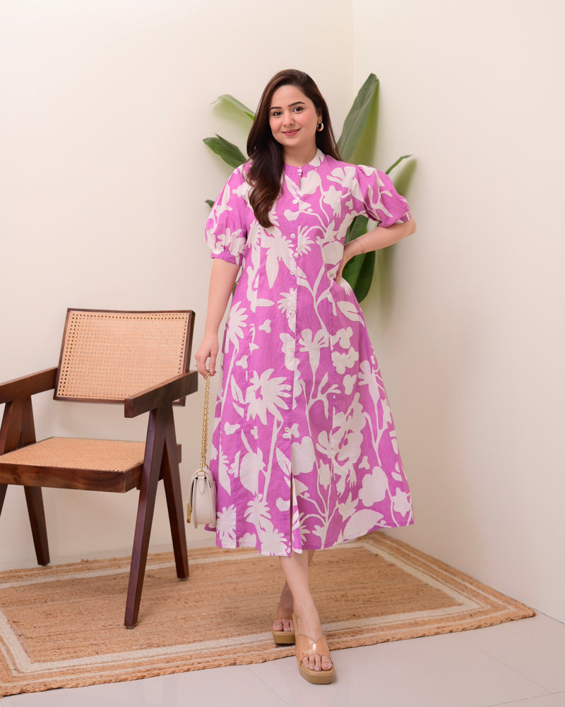 Lavender Floral Cotton A Line Dress