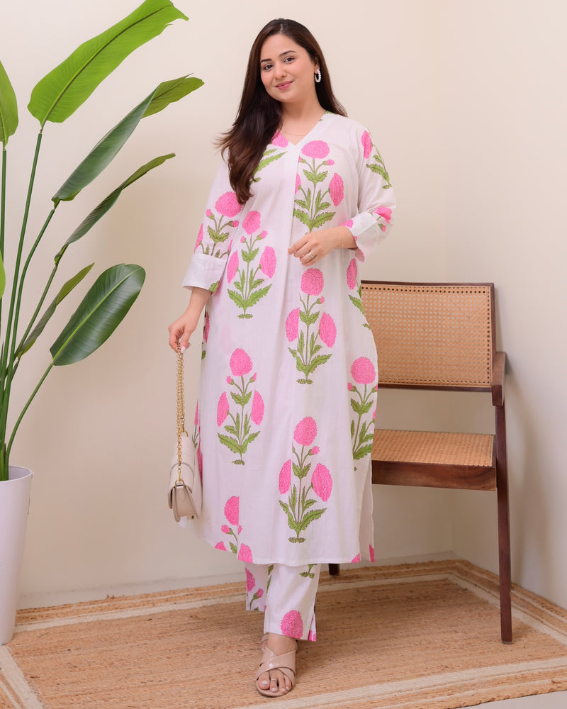 Pink Lush Bloom Cotton A Line Kurta Set