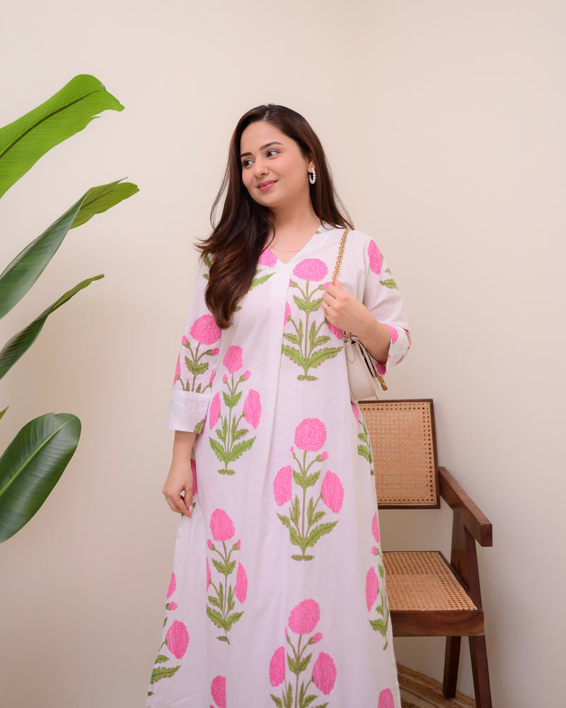 Pink Lush Bloom Cotton A Line Kurta Set