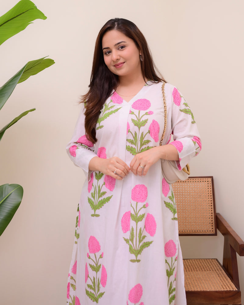 Pink Lush Bloom Cotton A Line Kurta Set
