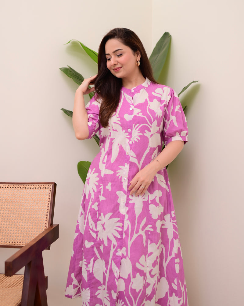 Lavender Floral Cotton A Line Dress