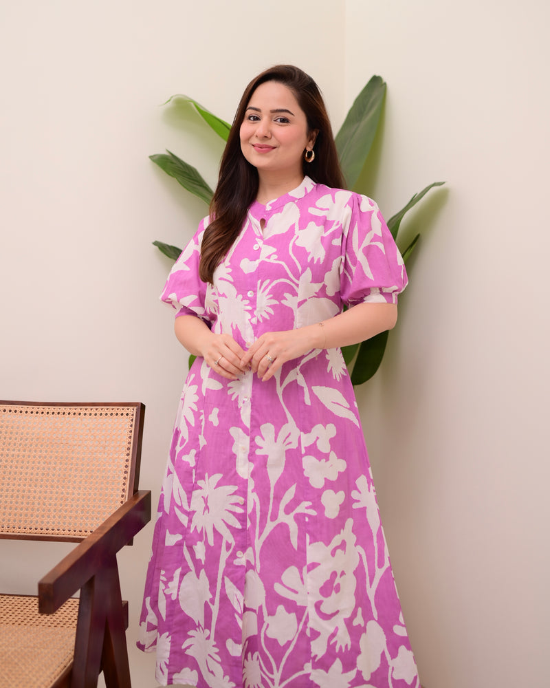 Lavender Floral Cotton A Line Dress