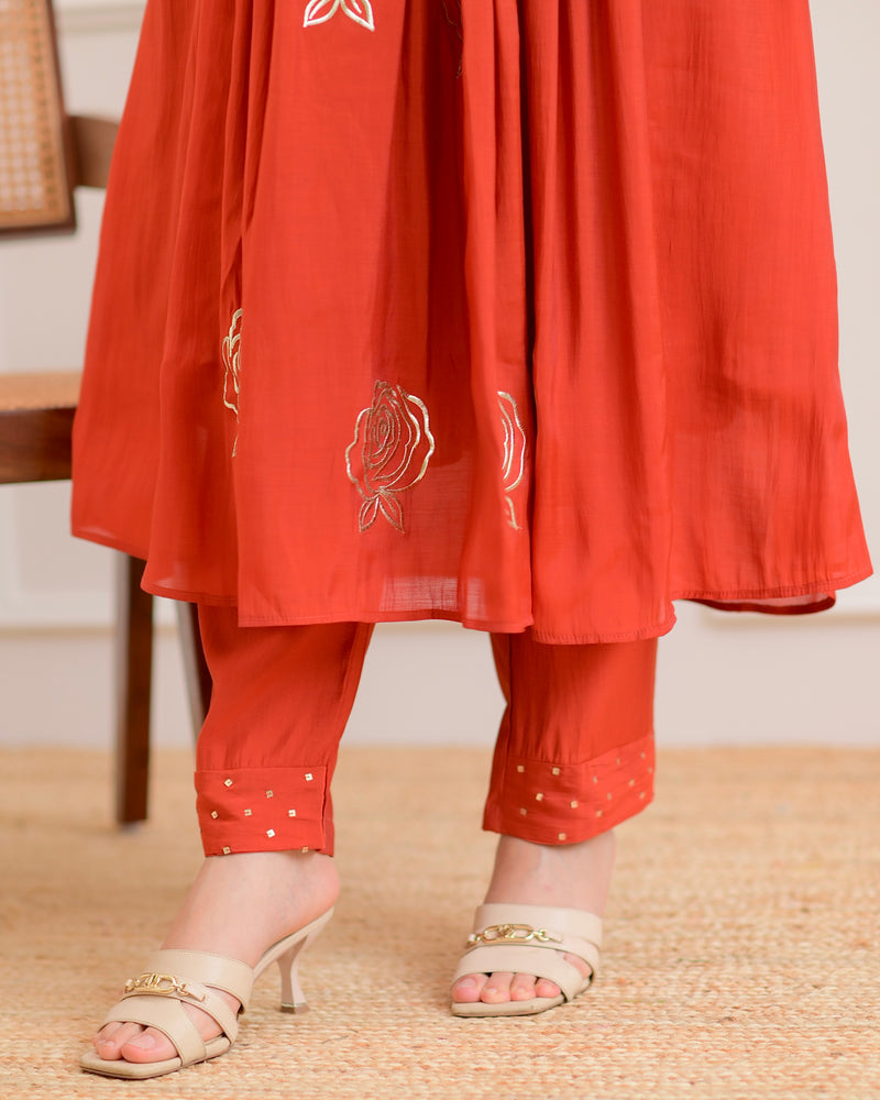 Coral Rose Handwork Mul Chanderi Suit