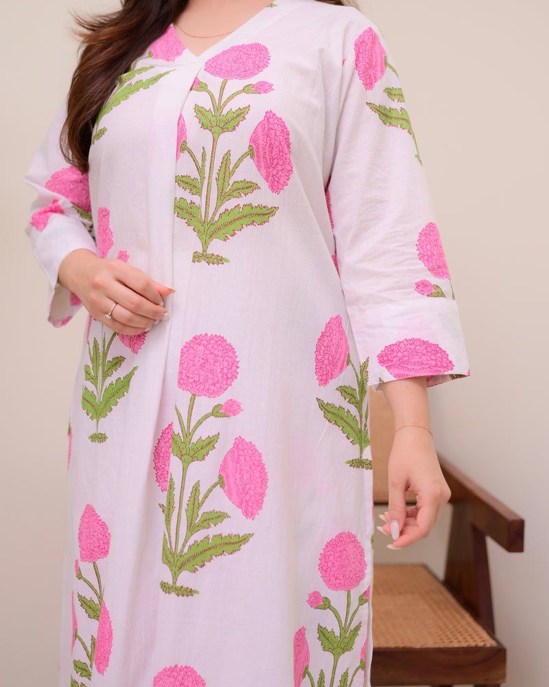 Pink Lush Bloom Cotton A Line Kurta Set
