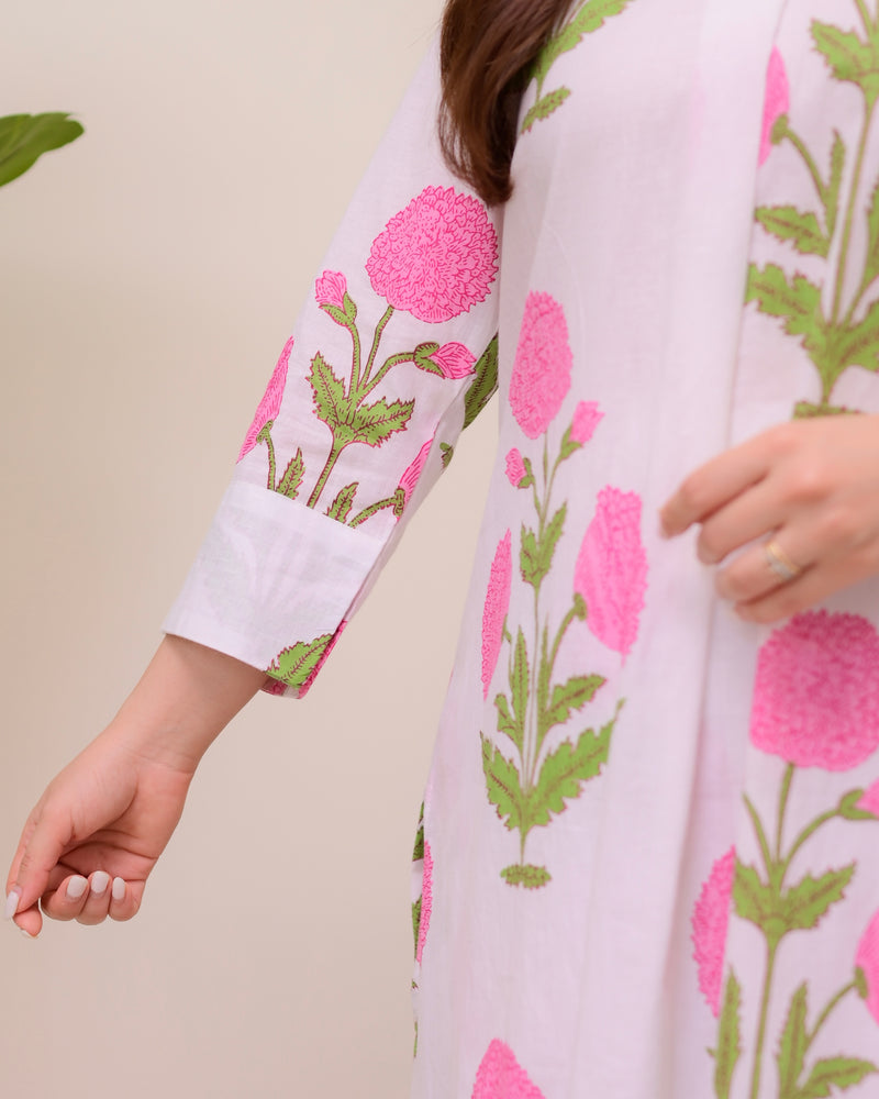 Pink Lush Bloom Cotton A Line Kurta Set