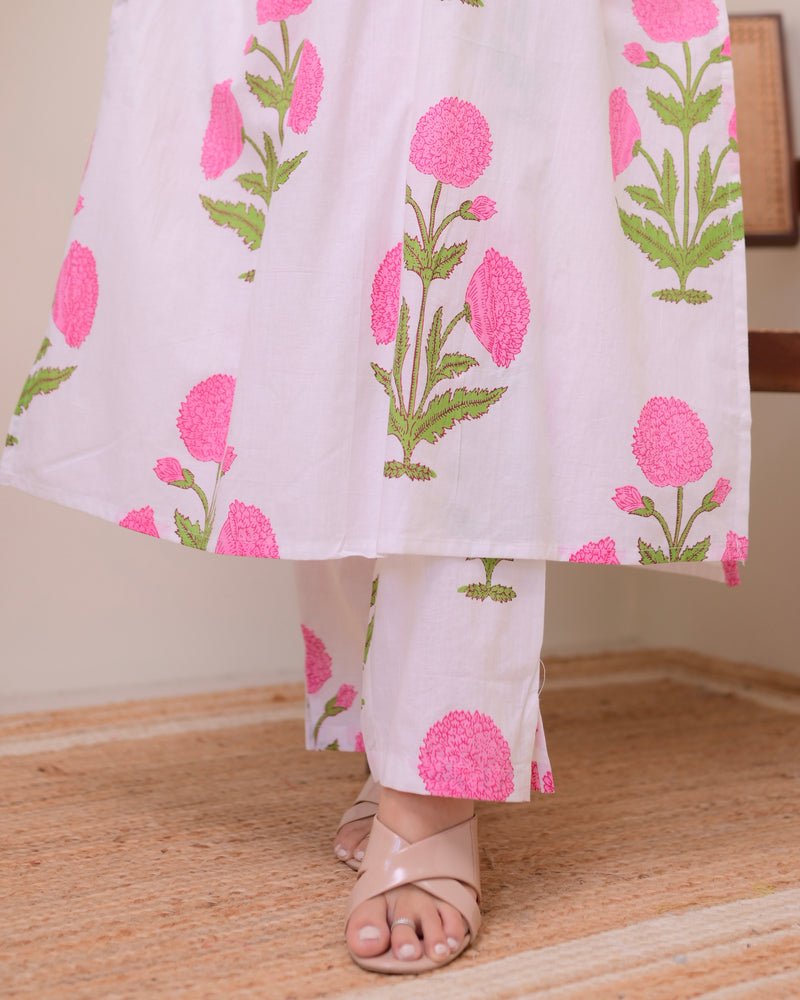 Pink Lush Bloom Cotton A Line Kurta Set