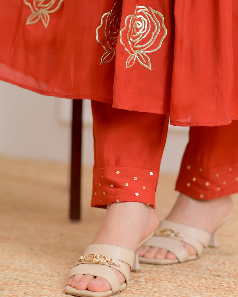 Coral Rose Handwork Mul Chanderi Suit