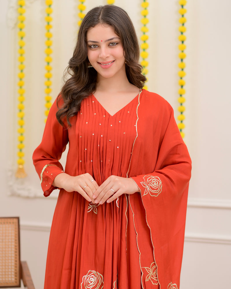 Coral Rose Handwork Mul Chanderi Suit