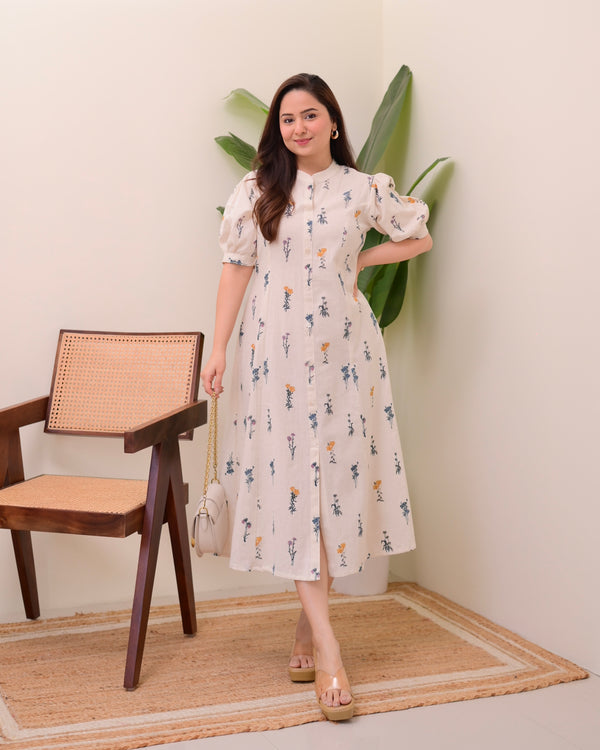 Ivory Minimal Floral Cotton A Line Dress
