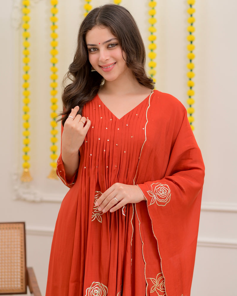 Coral Rose Handwork Mul Chanderi Suit