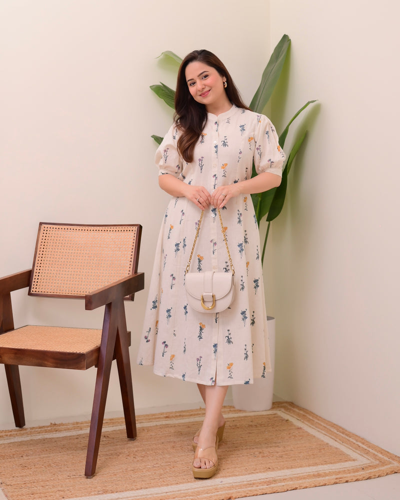 Ivory Minimal Floral Cotton A Line Dress