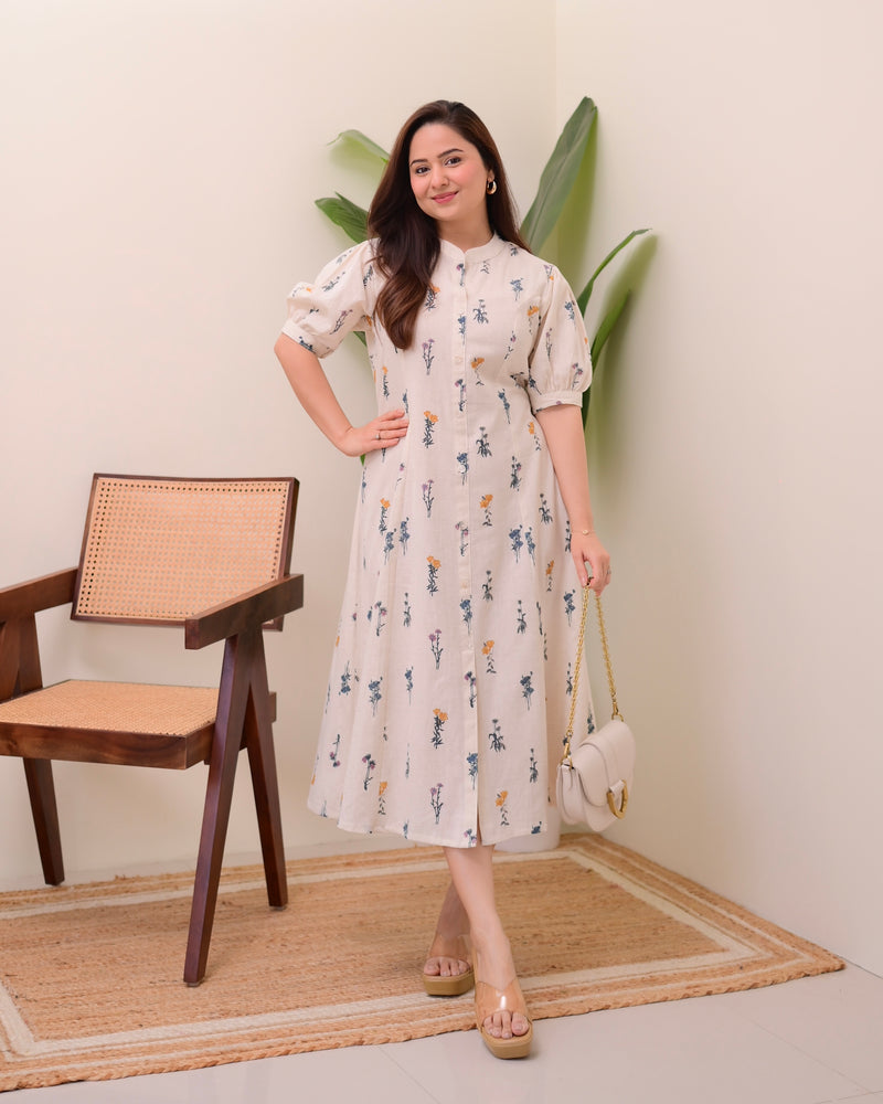 Ivory Minimal Floral Cotton A Line Dress