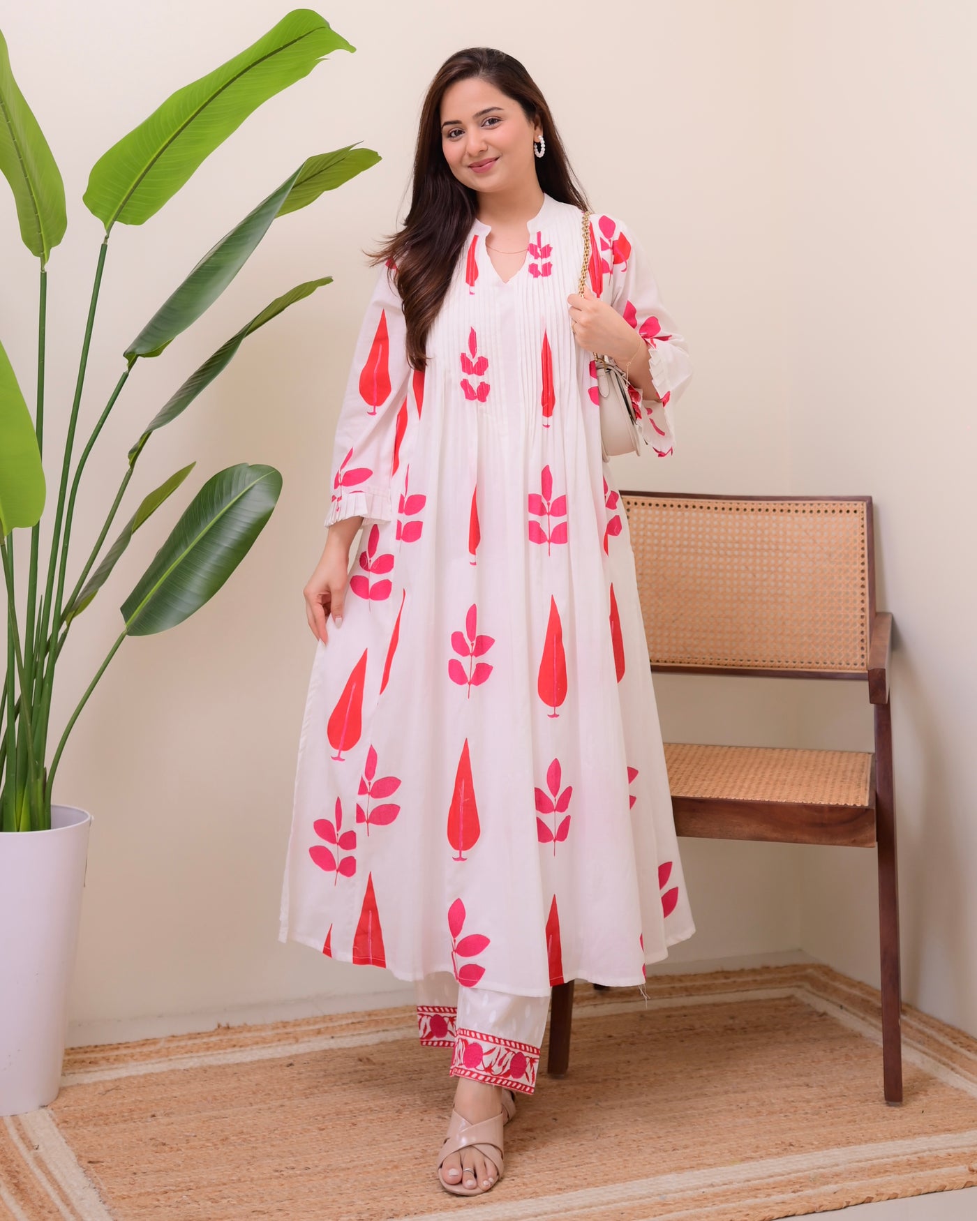 White Red Handblock Printed Premium Mul Cotton Kurta Set