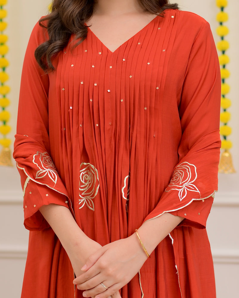 Coral Rose Handwork Mul Chanderi Suit