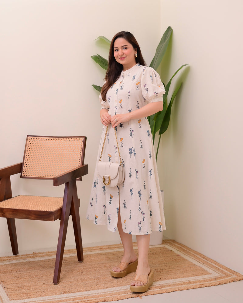 Ivory Minimal Floral Cotton A Line Dress