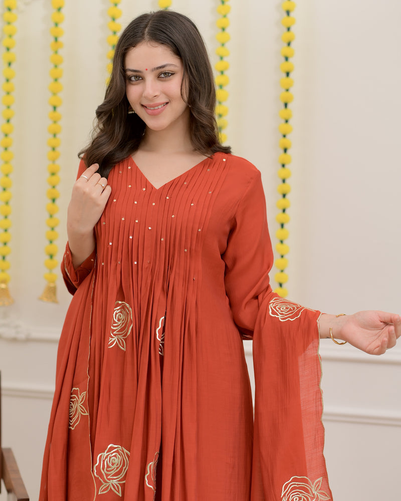 Coral Rose Handwork Mul Chanderi Suit