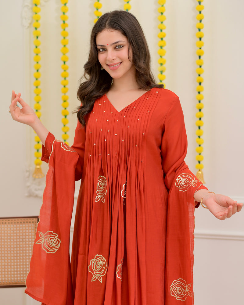 Coral Rose Handwork Mul Chanderi Suit