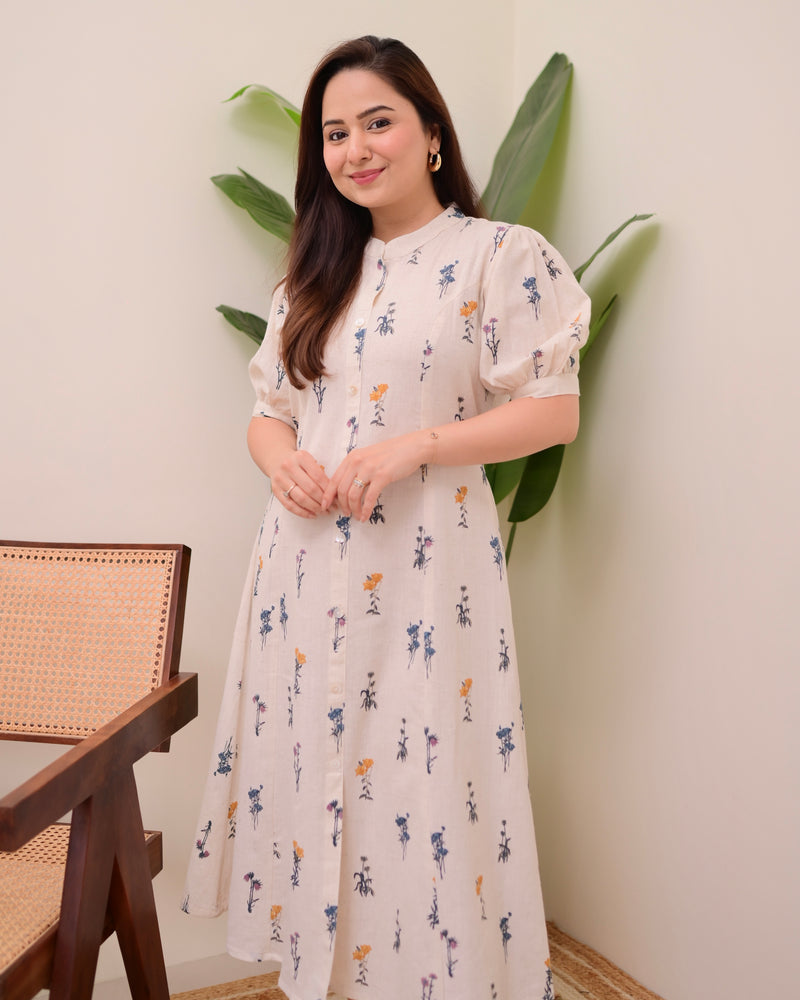 Ivory Minimal Floral Cotton A Line Dress
