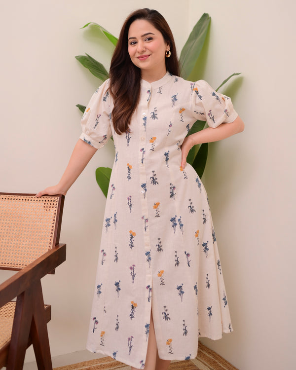 Ivory Minimal Floral Cotton A Line Dress
