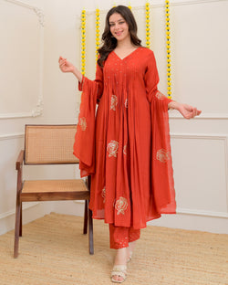 Coral Rose Handwork Mul Chanderi Suit