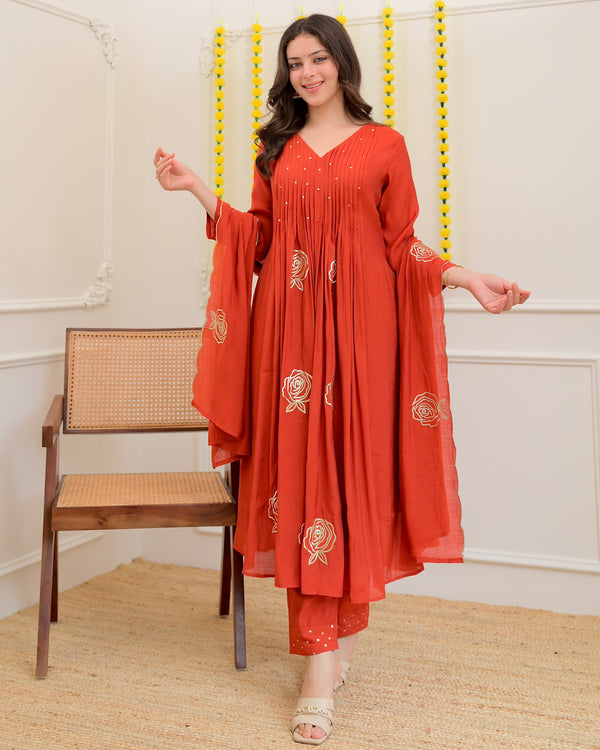 Coral Rose Handwork Mul Chanderi Suit