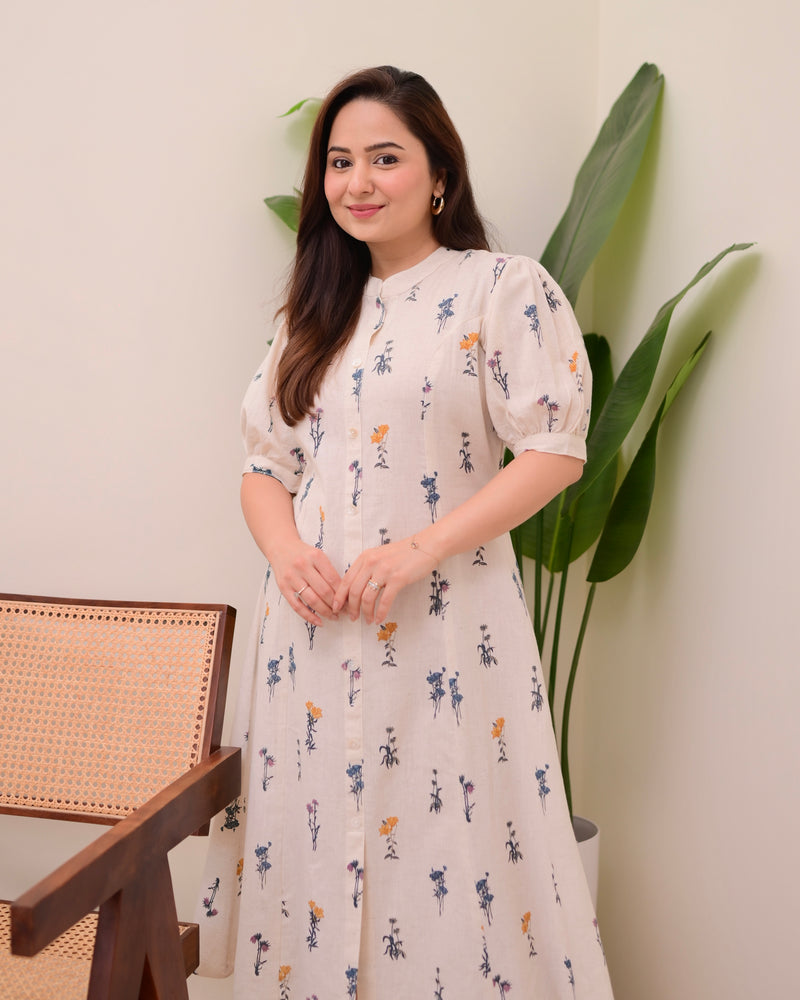Ivory Minimal Floral Cotton A Line Dress