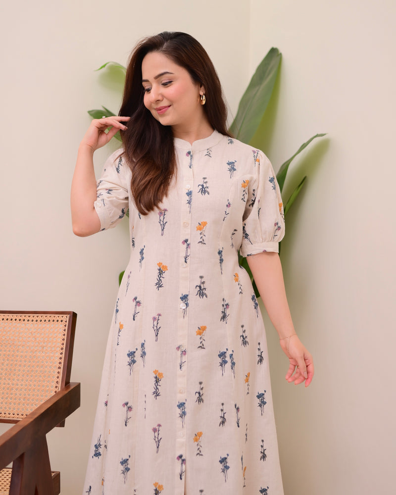 Ivory Minimal Floral Cotton A Line Dress