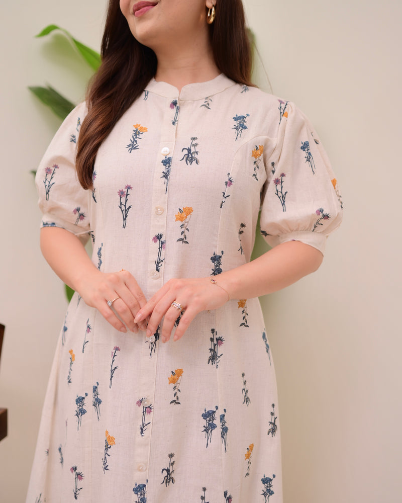 Ivory Minimal Floral Cotton A Line Dress