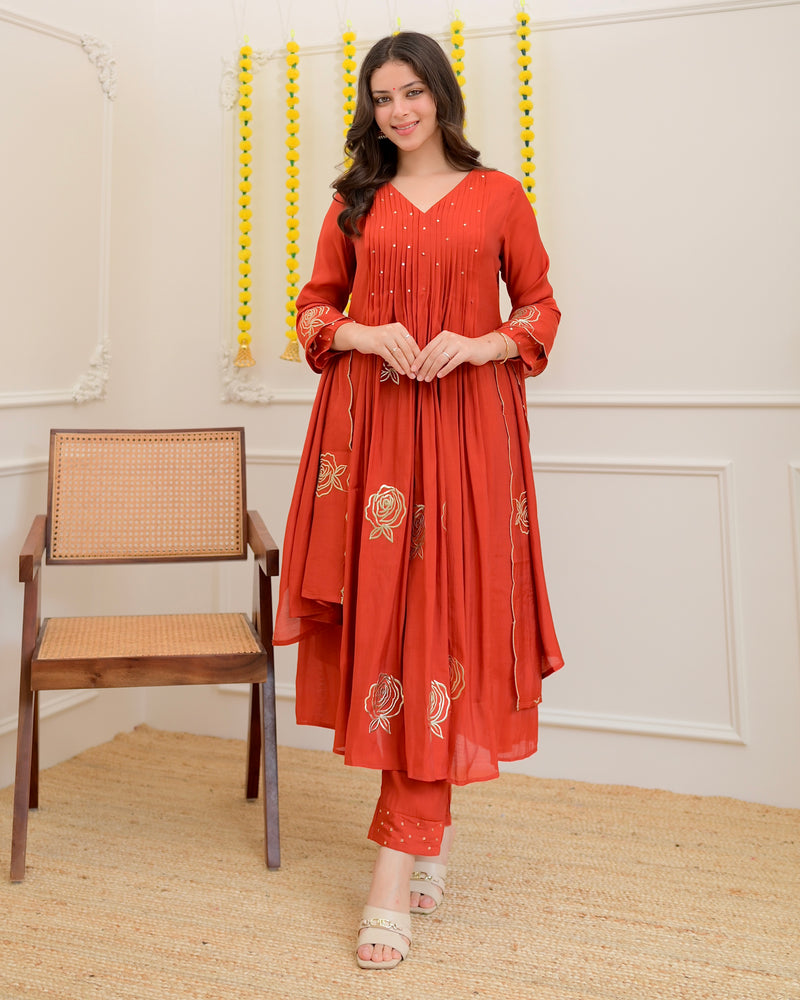 Coral Rose Handwork Mul Chanderi Suit