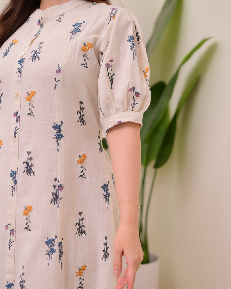 Ivory Minimal Floral Cotton A Line Dress
