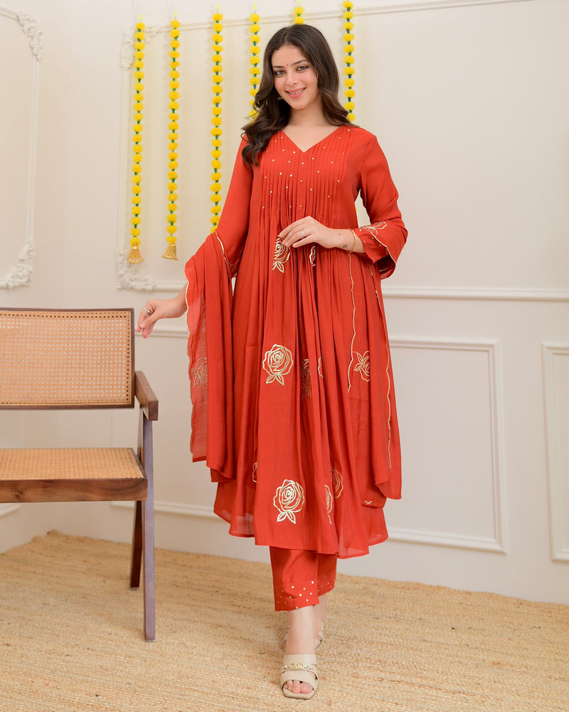 Coral Rose Handwork Mul Chanderi Suit
