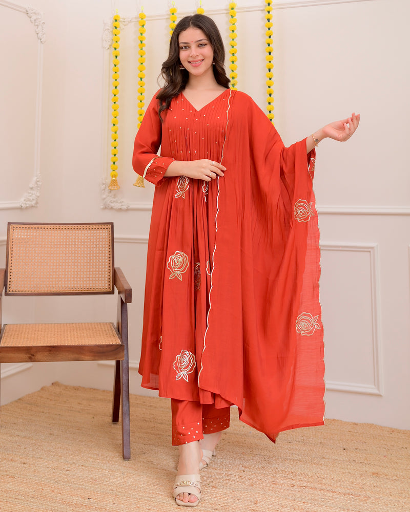 Coral Rose Handwork Mul Chanderi Suit