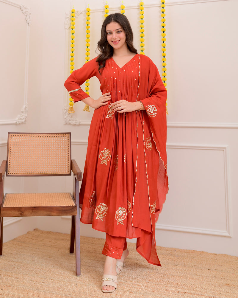 Coral Rose Handwork Mul Chanderi Suit