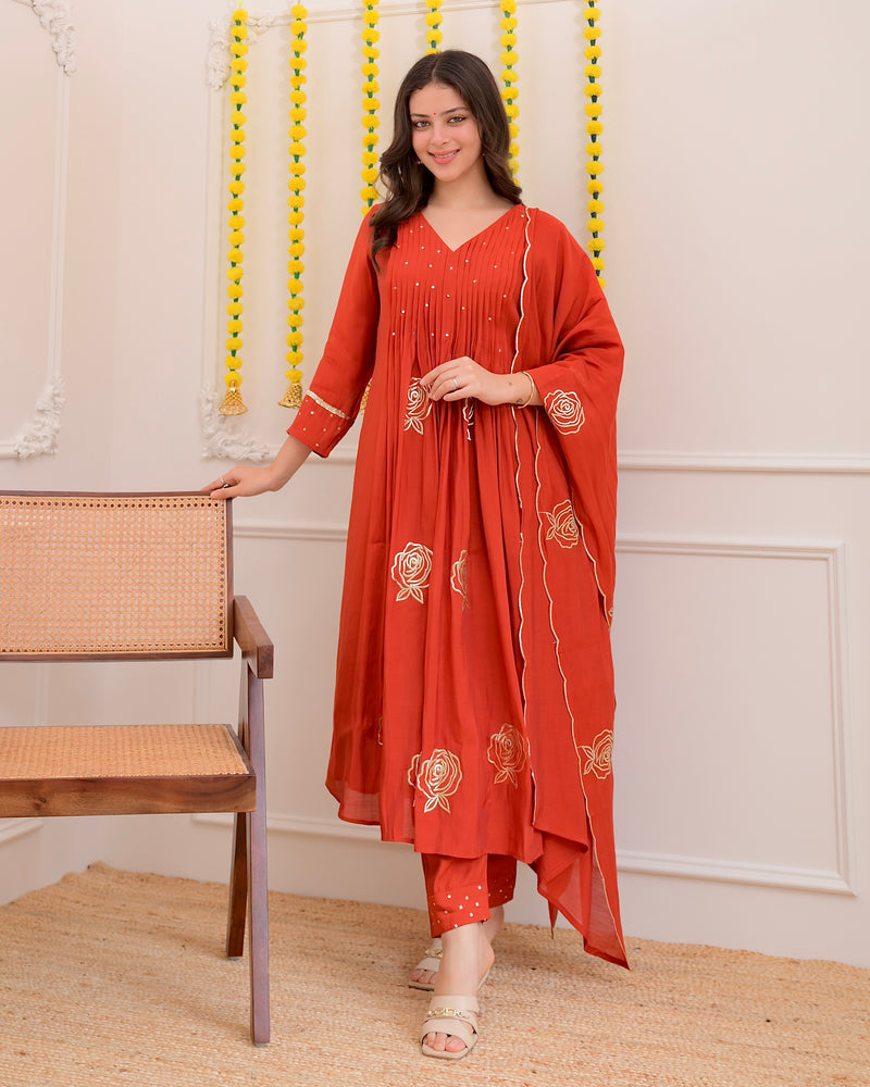 Coral Rose Handwork Mul Chanderi Suit