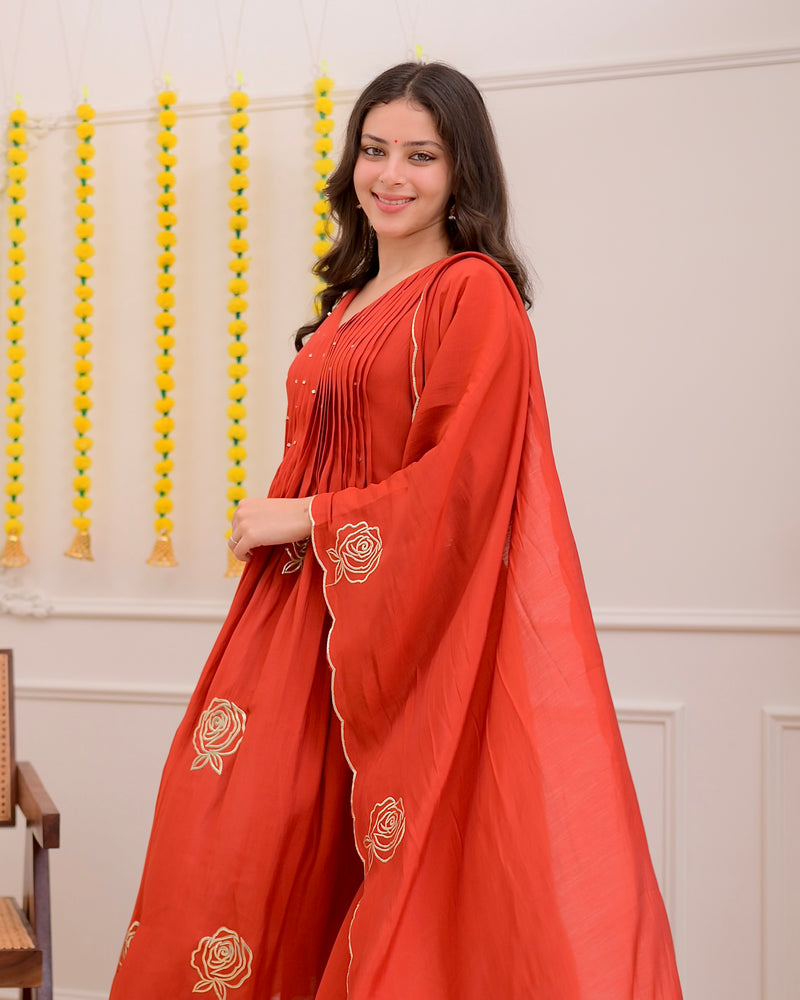 Coral Rose Handwork Mul Chanderi Suit