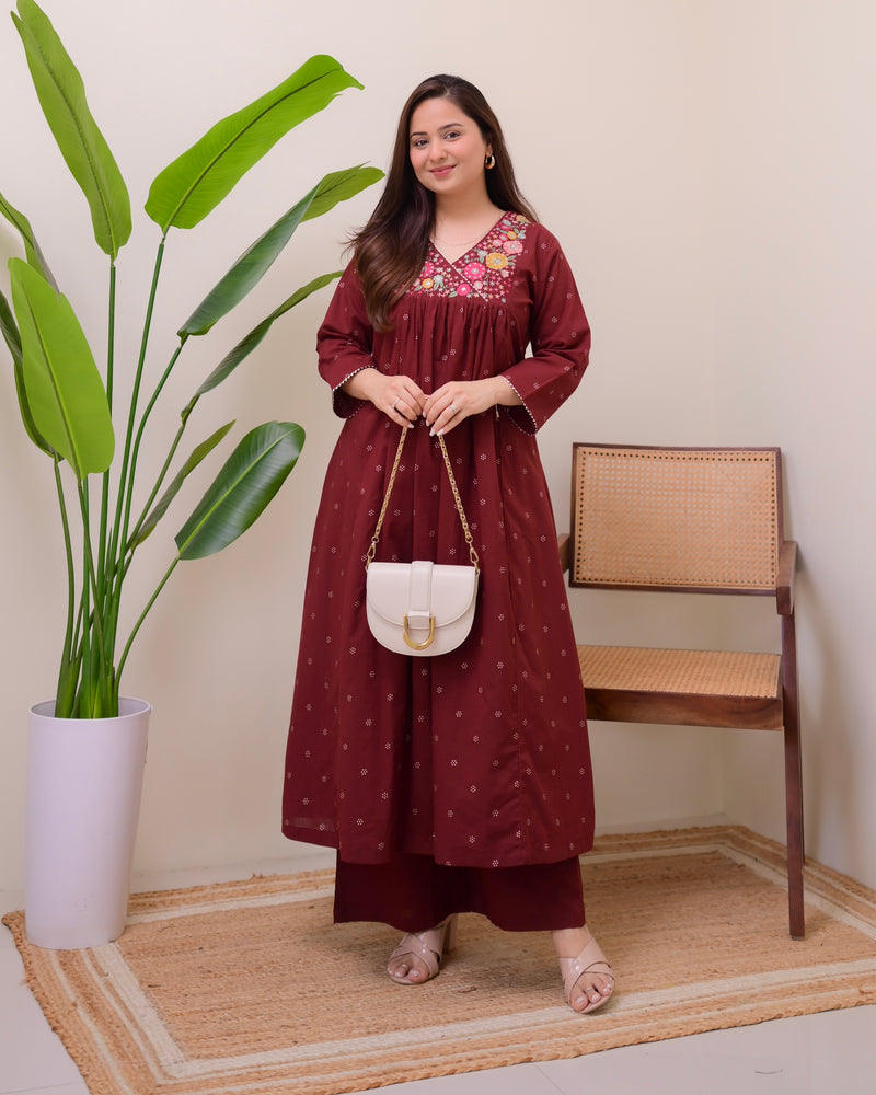 Maroon Muse Threadwork Cotton A Line Kurta Set