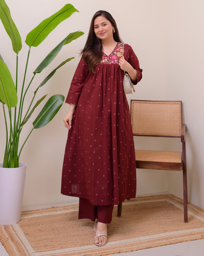 Maroon Muse Threadwork Cotton A Line Kurta Set