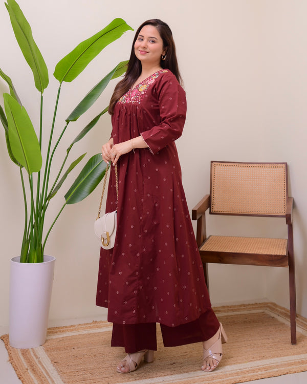 Maroon Muse Threadwork Cotton A Line Kurta Set