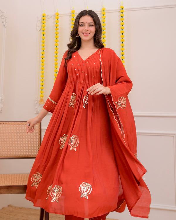 Coral Rose Handwork Mul Chanderi Suit
