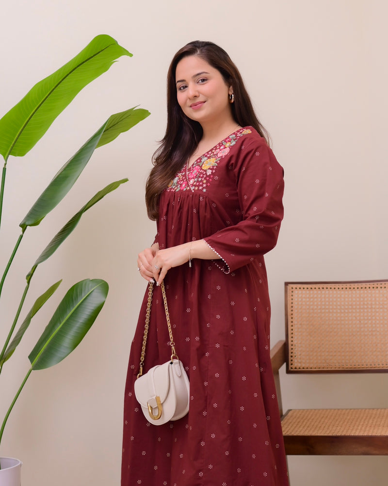 Maroon Muse Threadwork Cotton A Line Kurta Set