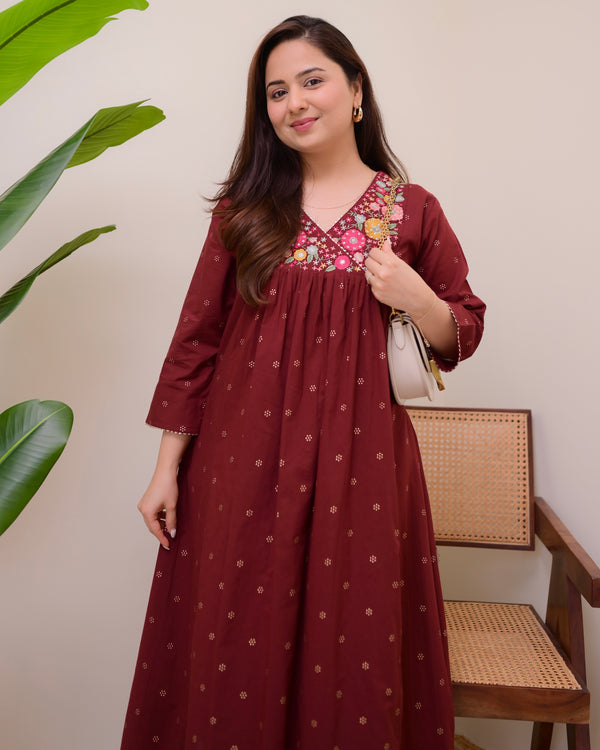 Maroon Muse Threadwork Cotton A Line Kurta Set