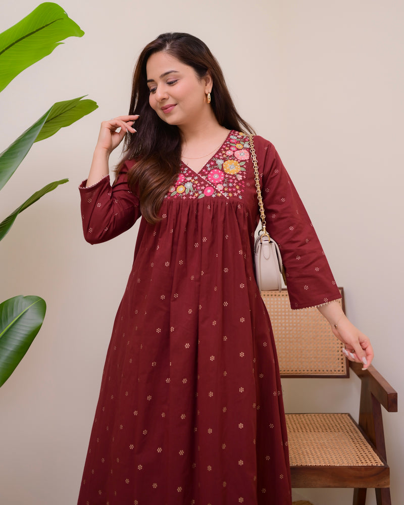 Maroon Muse Threadwork Cotton A Line Kurta Set