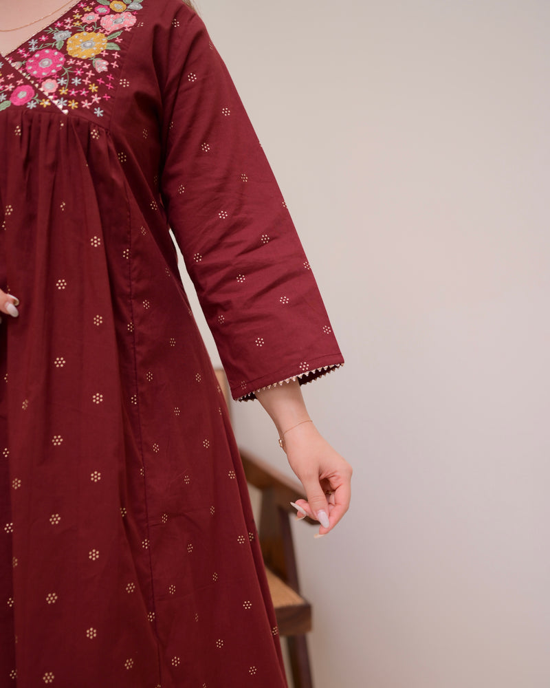 Maroon Muse Threadwork Cotton A Line Kurta Set