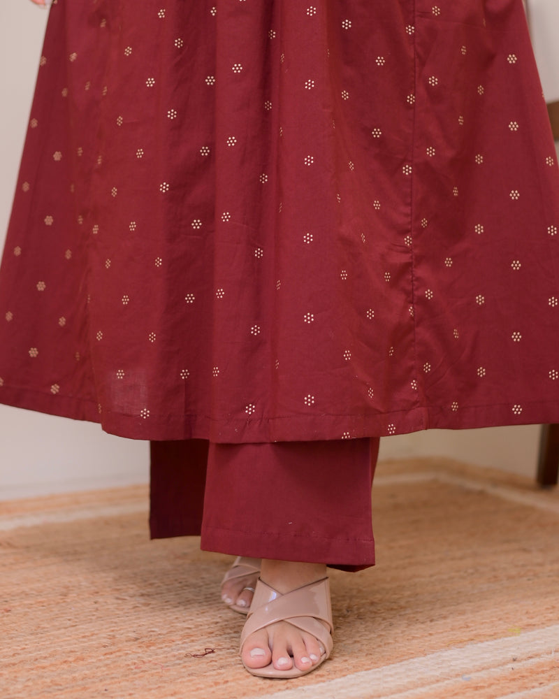 Maroon Muse Threadwork Cotton A Line Kurta Set