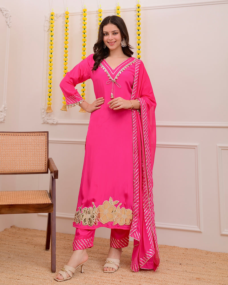 Pink Natural Crepe Gotta Patti Festive Suit
