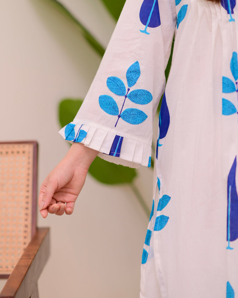 White Blue Handblock Printed Premium Mul Cotton Kurta Set
