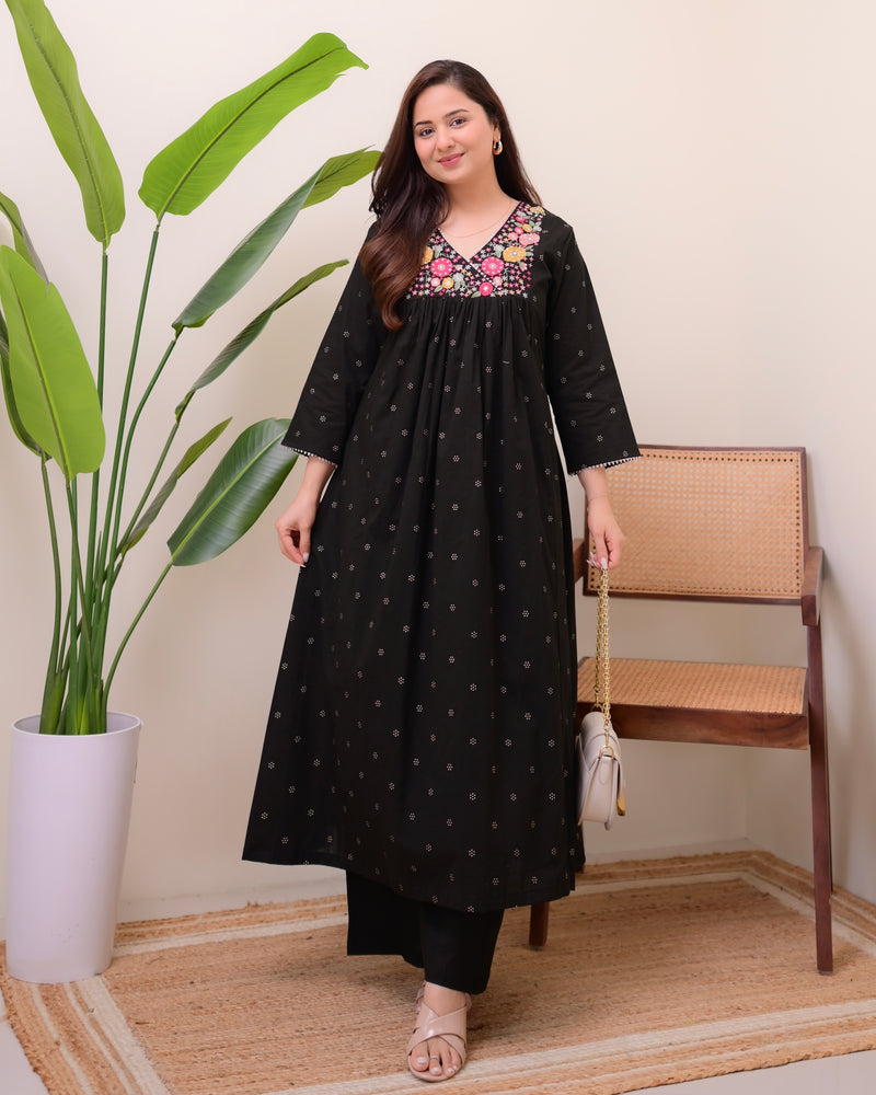Black Noor Threadwork Cotton A Line Kurta Set