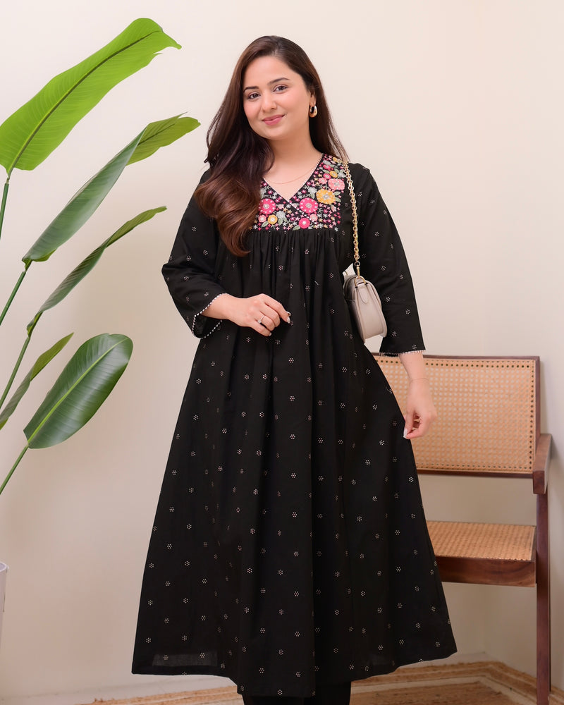 Black Noor Threadwork Cotton A Line Kurta Set