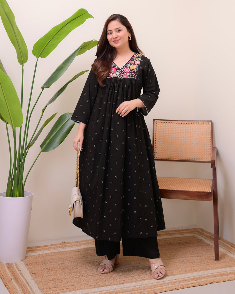 Black Noor Threadwork Cotton A Line Kurta Set